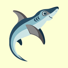 Fototapeta premium Cartoon shark character swimming with a cute smile on a yellow background