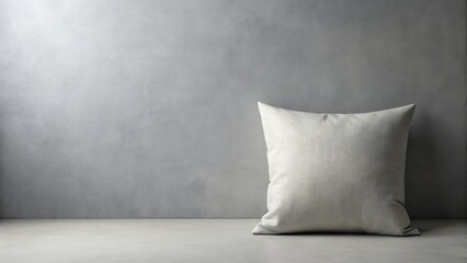 A single, off-white, square pillow rests on a smooth, light gray surface against a textured gray wall, creating a minimalist and serene scene.