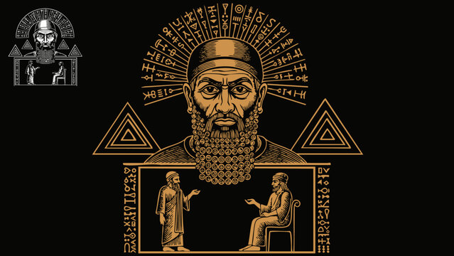 Ancient mystic figure with cuneiform writing and philosophical dialogue