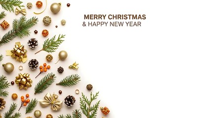 Festive arrangement of golden Christmas ornaments pine branches and natural elements creates a beautiful holiday border for seasonal greetings and celebration design space