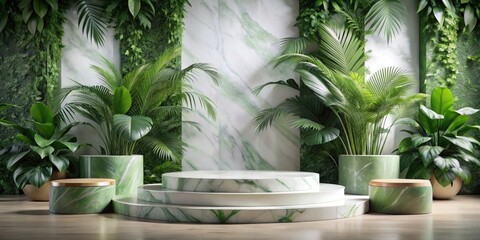 Serene Green Oasis  Elegant Marble Display with Lush Tropical Foliage and Decorative Pedestals
