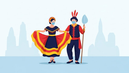 Traditional folk dancers in festive attire wearing face masks for cultural safety