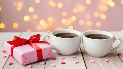 Romantic coffee cups with gift box and heart candies on wooden table with soft bokeh lights for love celebration