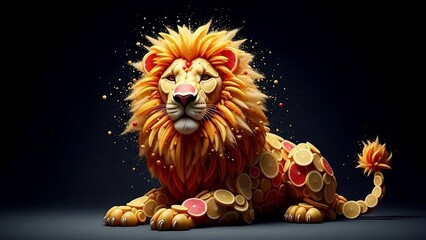 Creative fantasy illustration of a majestic lion made from citrus fruit slices, featuring vibrant orange and lemon textures on a dark background. Conceptual digital art symbolizing strength, freshness