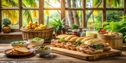A Rustic Table Setting Featuring Gourmet Sandwiches, Fresh Produce, and Savory Garnishes, All Presented Against a Vibrant Natural Backdrop