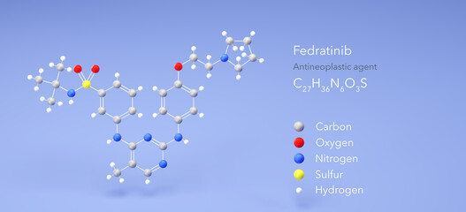 fedratinib molecule, molecular structure, antineoplastic agent 3d model, Structural Chemical Formula and Atoms with Color Coding