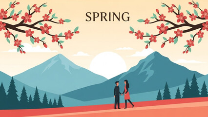 A lovely spring day in the majestic mountains with a couple enjoying the blooming nature