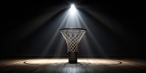 A lone basketball hoop stands illuminated under a single spotlight on a hardwood court, a dramatic scene symbolizing the intensity of competition and the pursuit of victory.