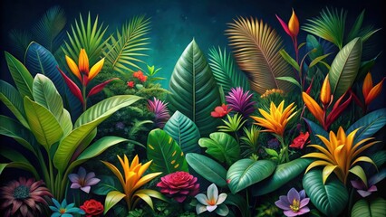 Lush Tropical Paradise Vibrant Blooms and Exotic Foliage in a Dark, Enchanting Setting