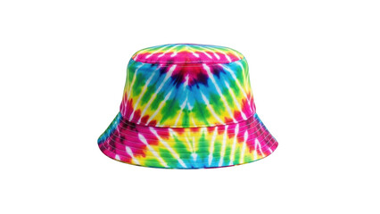 Vibrant tie dye bucket hat with pink yellow blue and green abstract pattern fashion accessory