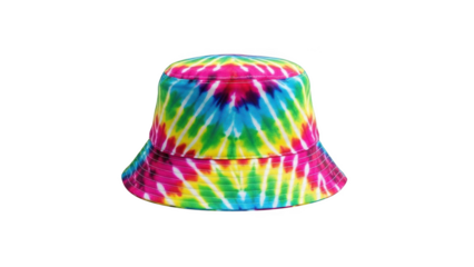 Vibrant tie dye bucket hat with pink yellow blue and green abstract pattern fashion accessory