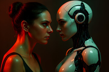 Human and robot facing each other in close-up futuristic scene