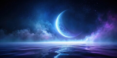 Celestial Serenity A Crescent Moon's Gentle Embrace Over a Tranquil, Starlit Sea