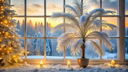 Winter Solstice Serenity Illuminated Fir, Frosty Palm, and Glowing Candles Adorn a Snowy Windowsill with a Sunset View
