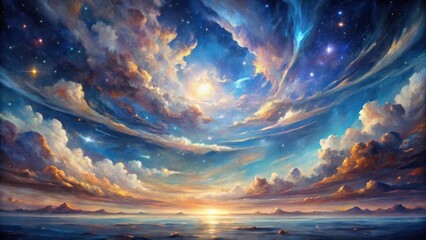 A Serene Dreamscape Celestial Sunset Over a Tranquil Ocean, Painted with Vivid Hues of Golden Clouds and a Starry Night Sky