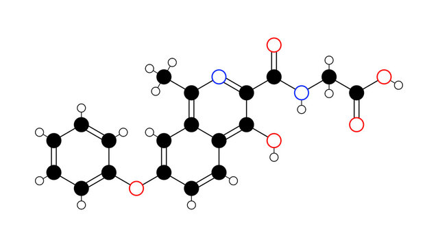 roxadustat molecule, structural chemical formula, ball-and-stick model, isolated image anti-anemia medication