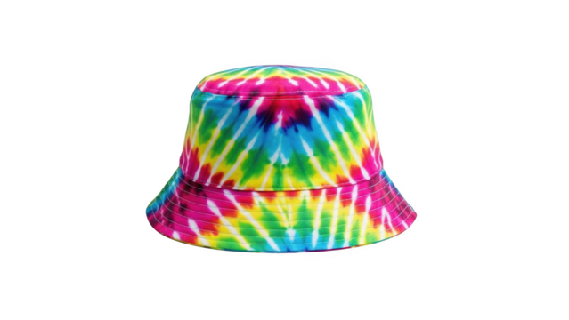 Vibrant tie dye bucket hat with pink yellow blue and green abstract pattern fashion accessory - Powered by Adobe