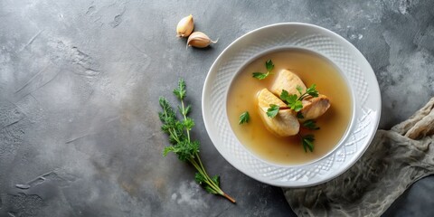 Aromatic Broth with Delicate Poached Pieces and Fresh Herbs Served in Elegant Bowl