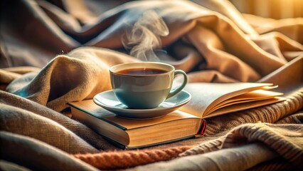 A warm cup of steaming beverage rests atop an open book, nestled in a cozy blanket on a relaxing afternoon
