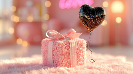 fluffy pink gift box tied with satin ribbon and glittering black heart balloon on soft dreamy surface in neon love glow for romantic wallpaper or valentines banner