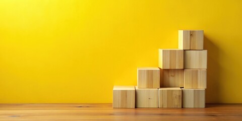Wooden blocks arranged in a staircase formation against a vibrant yellow background