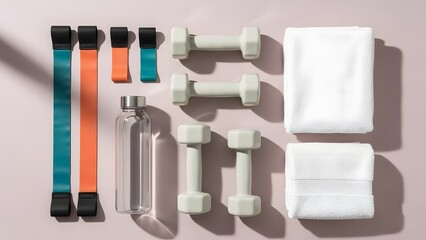 Flat lay view of essential fitness gear including dumbbells, resistance bands, and towels for workout