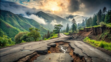 Serene Mountain Vista with Severely Damaged Roadway, Revealing the Dramatic Effects of Natural Processes on Infrastructure