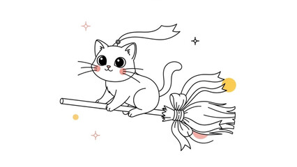 A charming cartoon cat takes flight on a whimsical broomstick with a festive bow