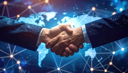 Business handshake symbolizing global partnership and collaboration, against world map background