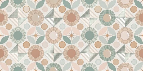 Seamless Abstract Geometric Pattern Featuring Circles, Diamonds, and Starburst Shapes in Earthy Tones and Soft Greens for Modern Design Applications