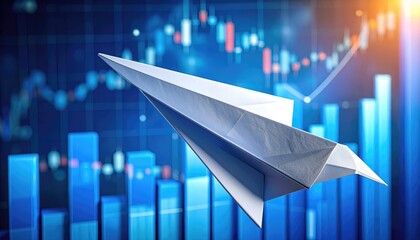 A paper airplane soars above a graph, representing growth, trends, and market expansion. The scene is both dynamic and forward-thinking