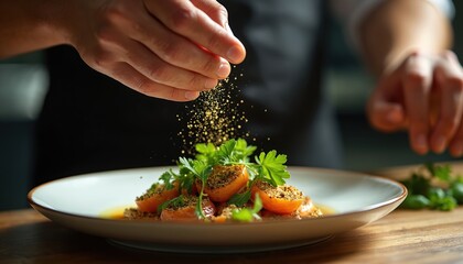 Chef garnishes dish with spices over small apricot halves topped with greens. Expert adds final touch to gourmet meal on white plate, preparing food for serving. Elegant plating.