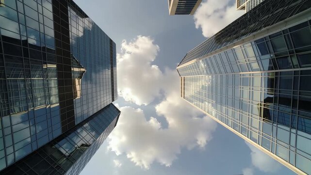 Cinematic slow motion low-angle shot looking up at modern glass skyscrapers with clouds reflecting in windows and moving slowly overhead, dramatic architectural perspective, contemporary urban design,