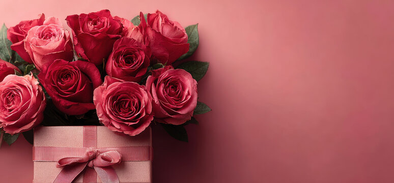 vibrant red rose bouquet embracing wrapped gift box on soft pink canvas evoking tender romance for valentines wallpaper or elegant banner with ample copy space