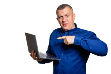 Man pointing at laptop screen explaining something, on transparent background.