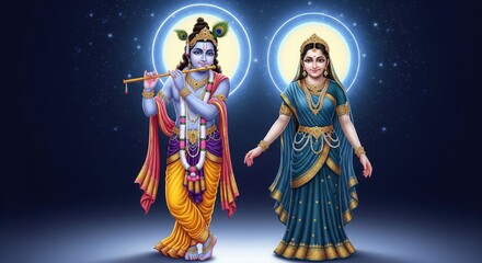 Fototapeta premium Radha Krishna Under Moonlight with Serene Blue White Devotional Aura