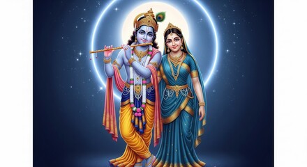 Fototapeta premium Radha Krishna Under Moonlight with Serene Blue White Devotional Aura