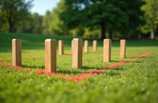 Wooden Kubb game blocks arranged on green grass field with red marker line. Trees and lawn in background. Outdoor leisure activity setup. Sunny day.
