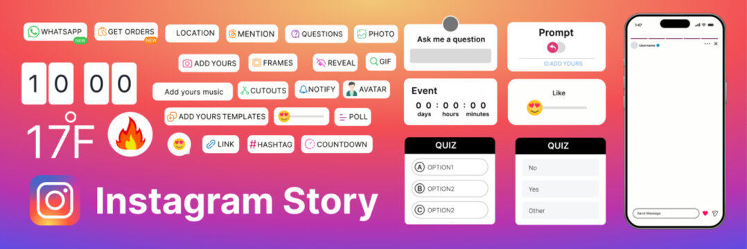 Instagram Story UI Kit. Interactive Stickers, Poll, Quiz, Countdown, Question and Music Elements for Social Media Stories