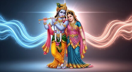 Radha Krishna Divine Union with Blue and Rose Gold Energy Devotional Art