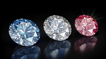 Three large, round diamonds are displayed against a stark black background. The diamonds are rendered with a high level of detail, showing multiple facets and sharp angles that reflect light. The diam