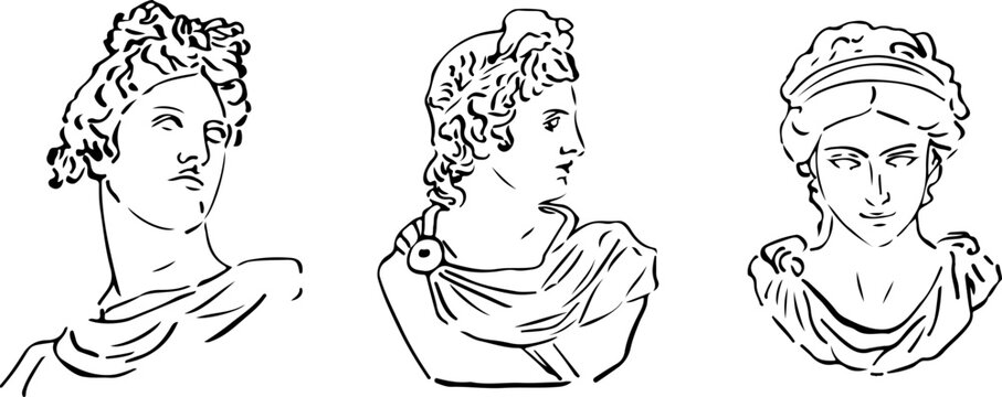 Greek illustration of plaster statues. Hand-drawn vector drawing on a white background