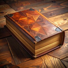 Ornate old book with geometric pattern on the cover, lying on wooden planks at an angle