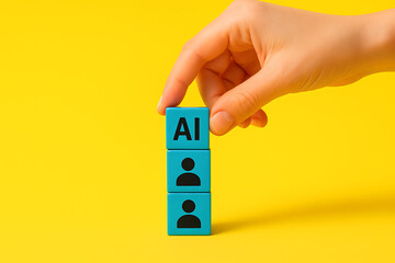 Hand building AI and human connection with colorful blocks