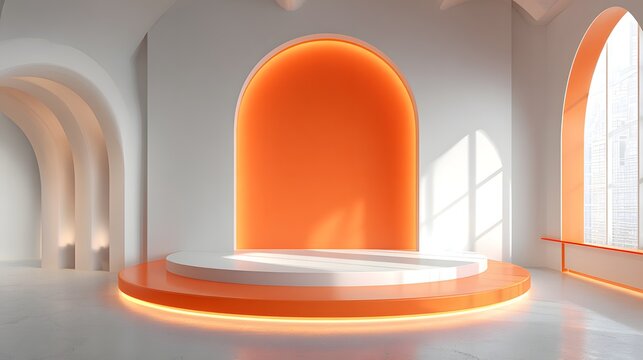 Bright Modern Stage with Orange Arch Niche and White Podium Interior 3D Render