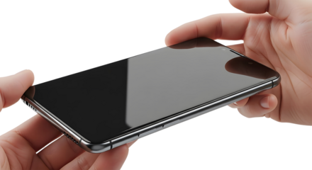 A modern smartphone with a blank black screen on a transparent background is held in the hand.