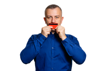 Man biting credit card financial stress concept, on transparent background.