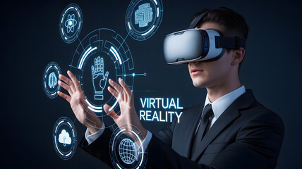 Businessman in suit experiencing virtual reality technology