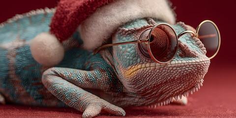 Merry Christmas concept holiday vacation winter animal pet greeting card - Cool chameleon with sunglasses and santa claus hat, isolated on red background