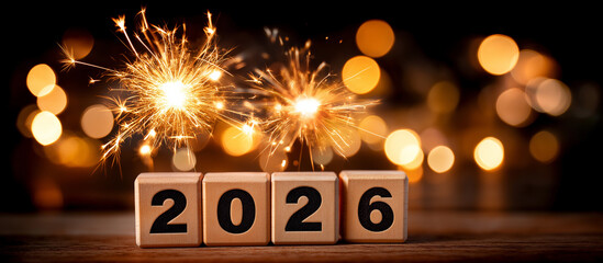 2026 new year celebration with wooden number blocks and fireworks heavily defocused abstract lights background eve night festive display temporal transition visualization with